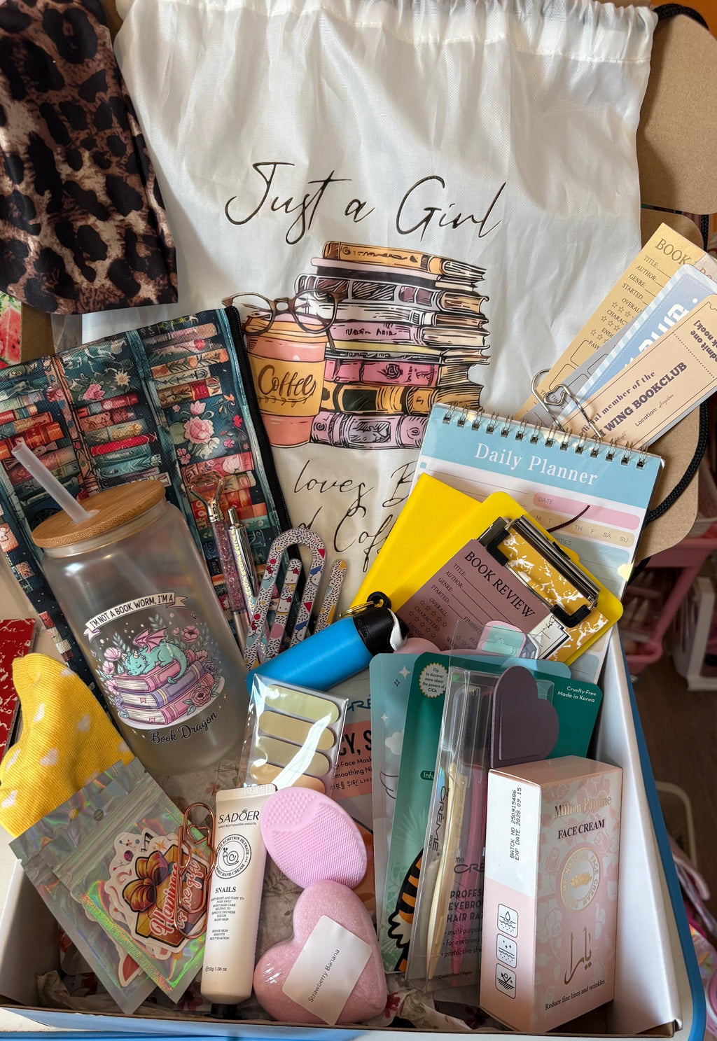 Book Lover Box | Drawstring Bag Bundle with Custom Tumbler, Book Sleeve & 18-20 Bookish Accessories