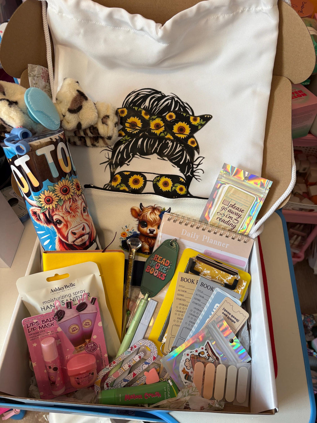 Book Lover Box | Drawstring Bag Bundle with Custom Tumbler, Book Sleeve & 18-20 Bookish Accessories