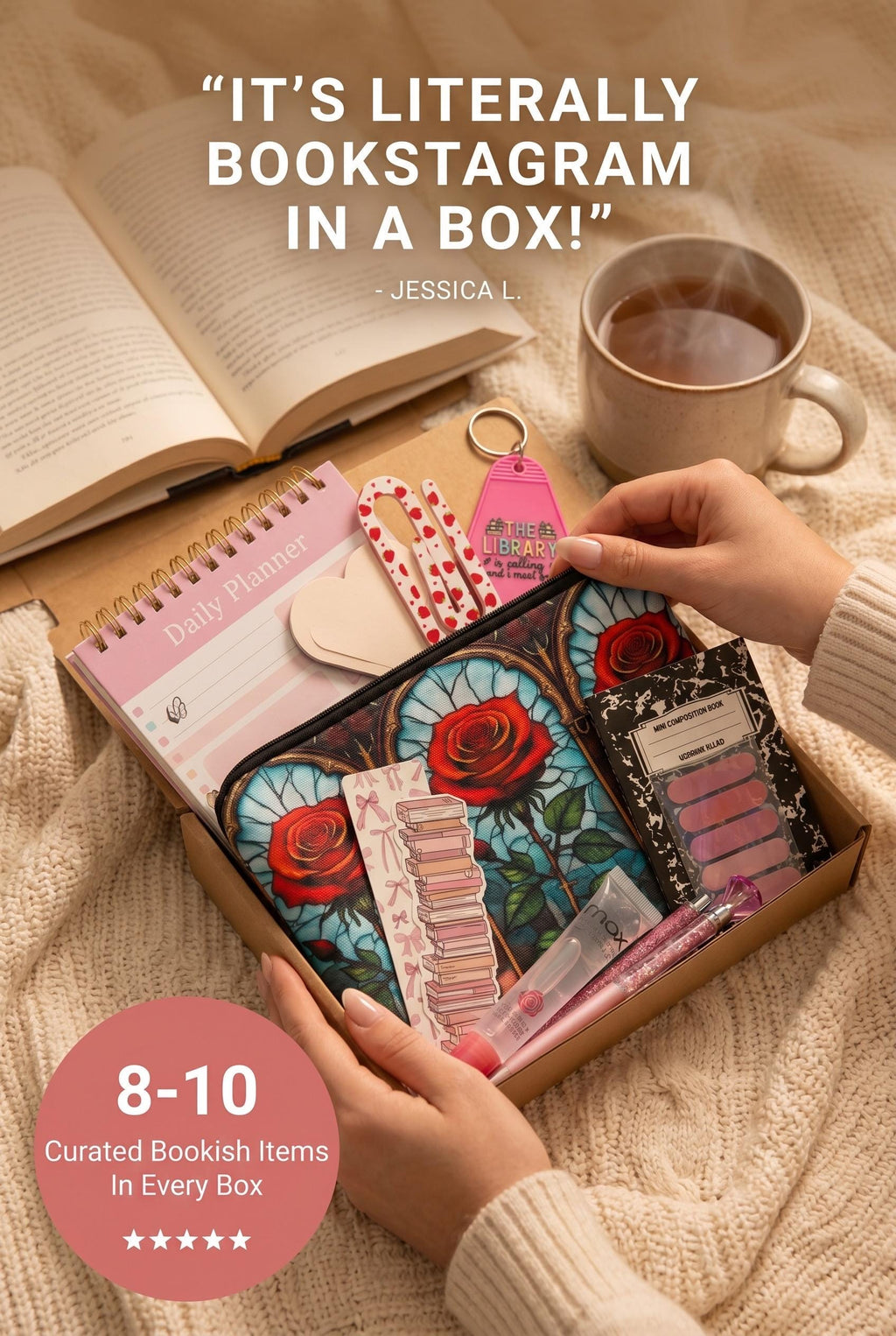 Mini Book Lover's Box | 8-10 Bookish Accessories in a Canvas Tote — Affordable Gift for Readers
