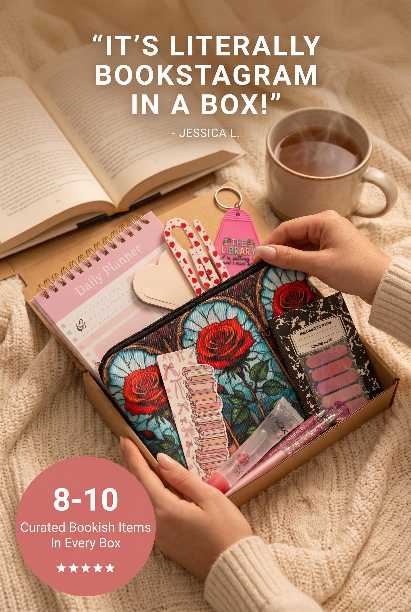 Mini Book Lover's Box | 8-10 Bookish Accessories in a Canvas Tote — Affordable Gift for Readers