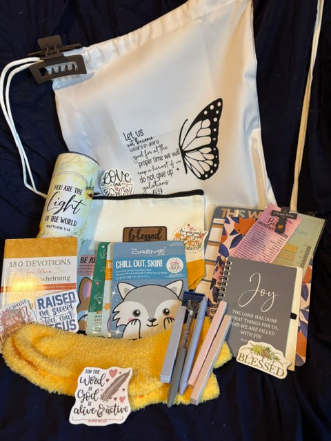 Cozy Faith Drawstring Bundle | Christian Gift Set with Tumbler, Devotional & 18-20 Faith Items for Women
