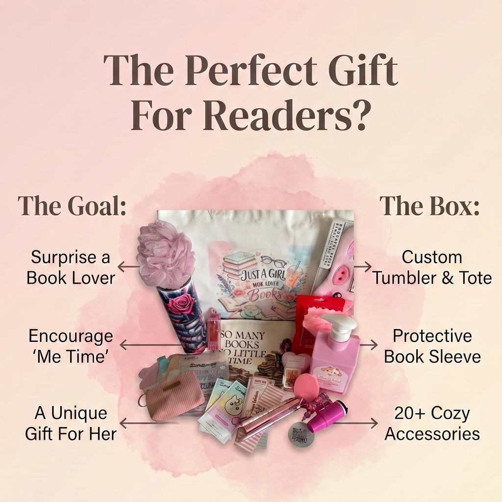 Book Lover Gift Box | Reading Gift Set with Custom Tumbler, Book Sleeve & 18-20 Bookish Accessories