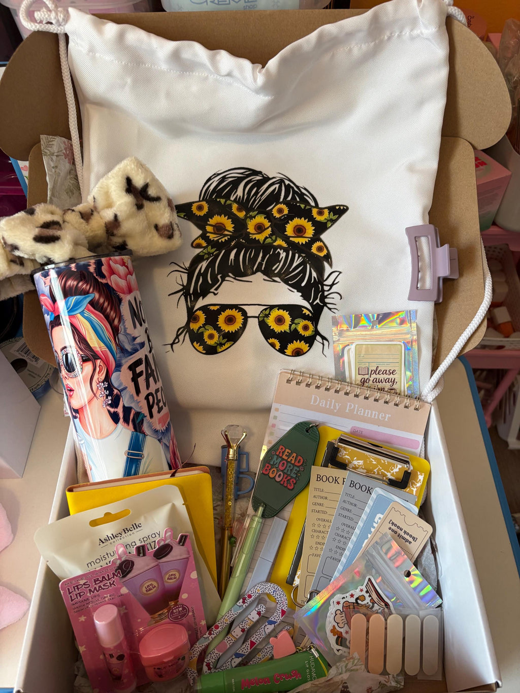 Self Care Gift Set | Drawstring Bag, Custom Tumbler & 18-20 Pampering Essentials for Women