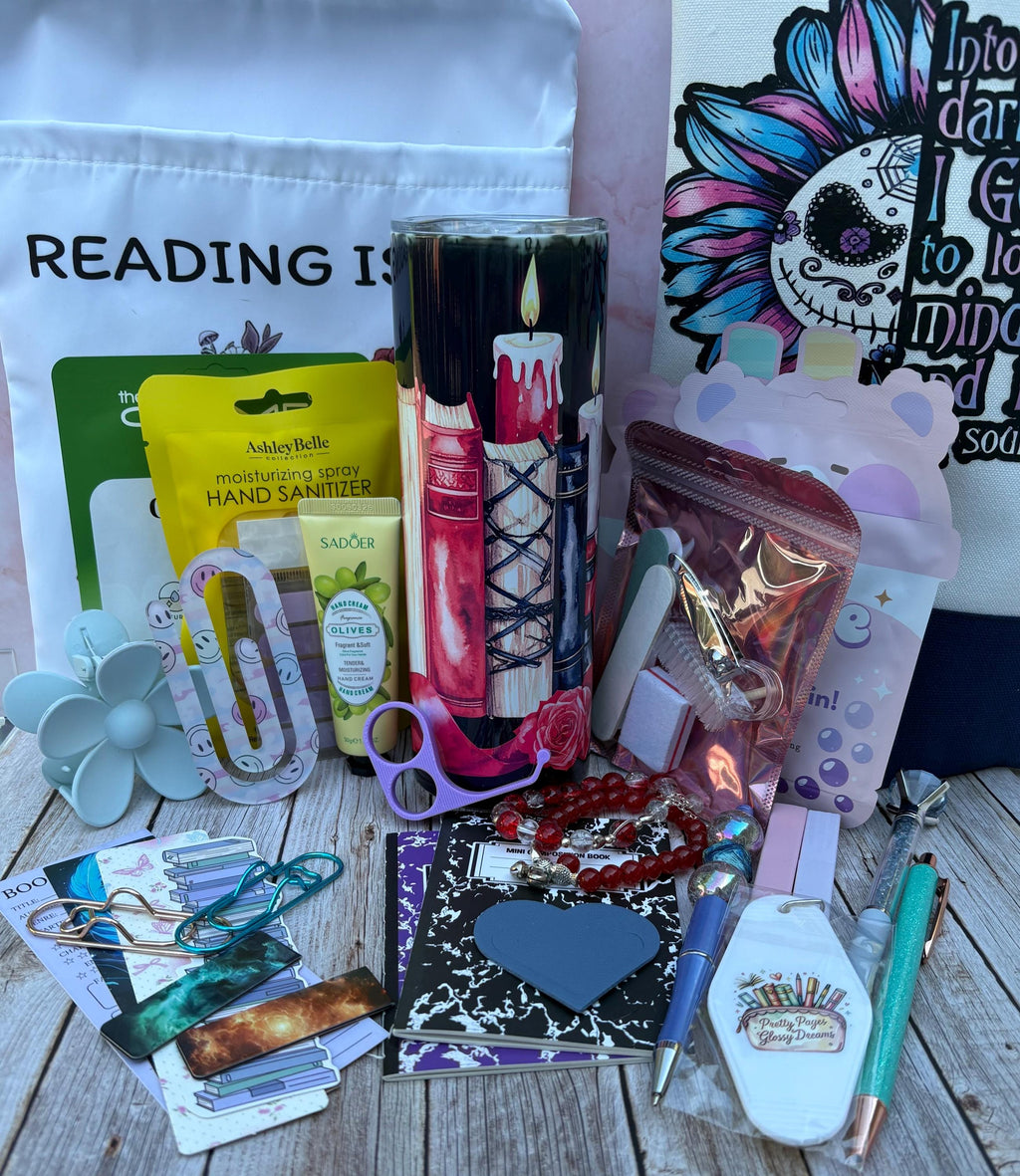Book Lover Gift Box | Reading Gift Set with Custom Tumbler, Book Sleeve & 18-20 Bookish Accessories