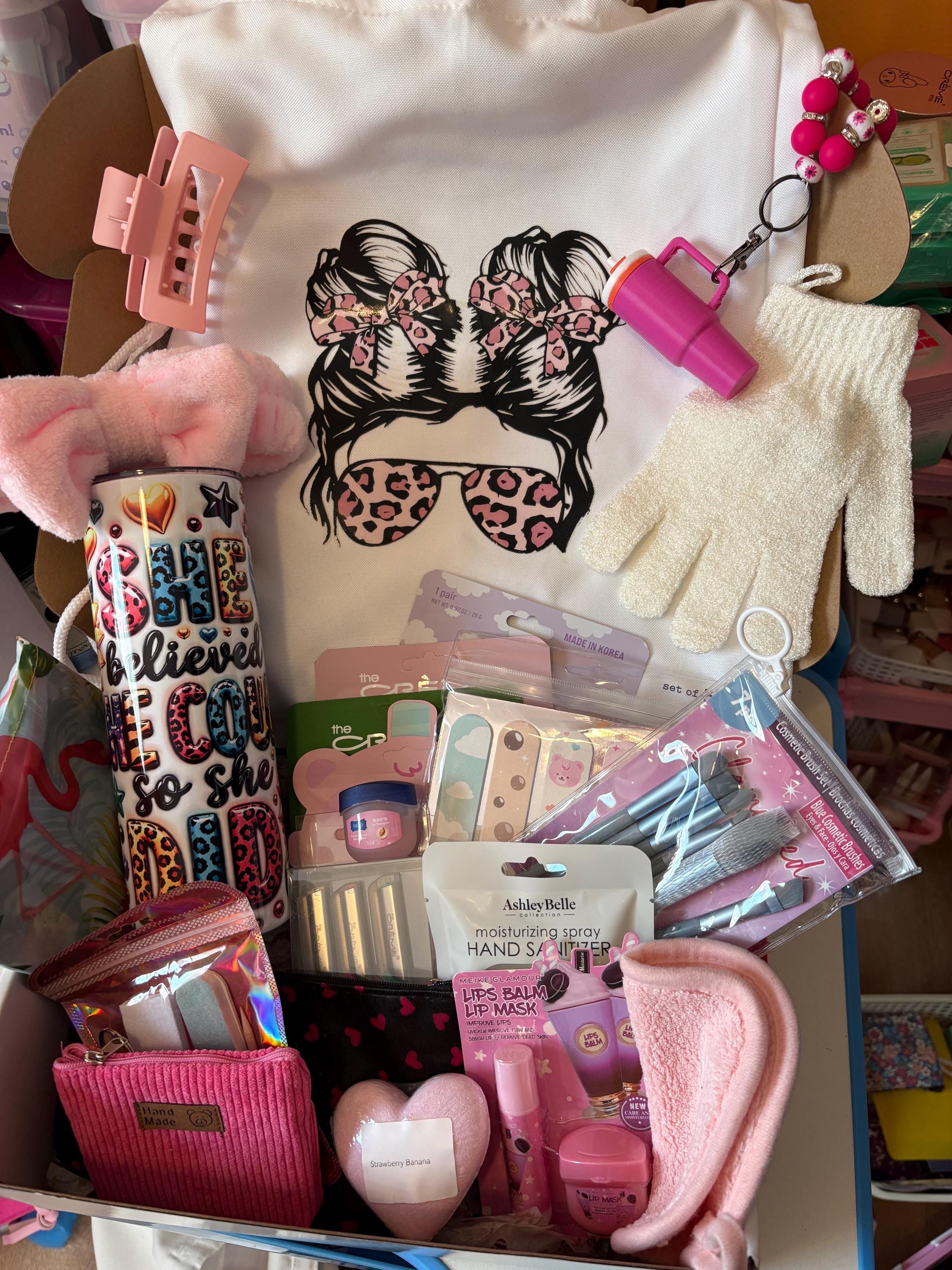 Self Care Gift Set | Drawstring Bag, Custom Tumbler & 18-20 Pampering Essentials for Women