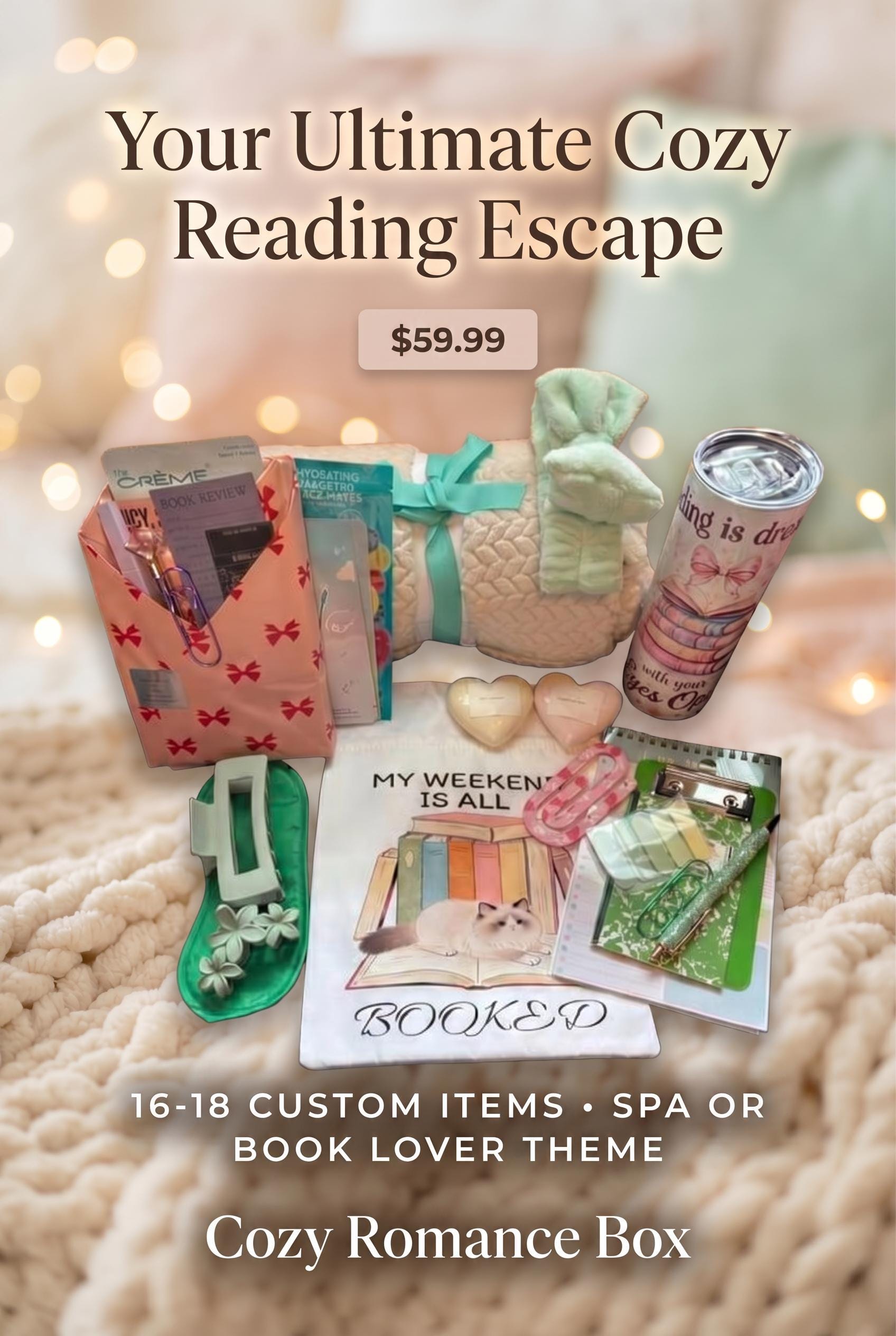 Cozy Romance Book Box | Blind Date with a Book Bundle + Spa Relaxation Kit, 16-18 Items
