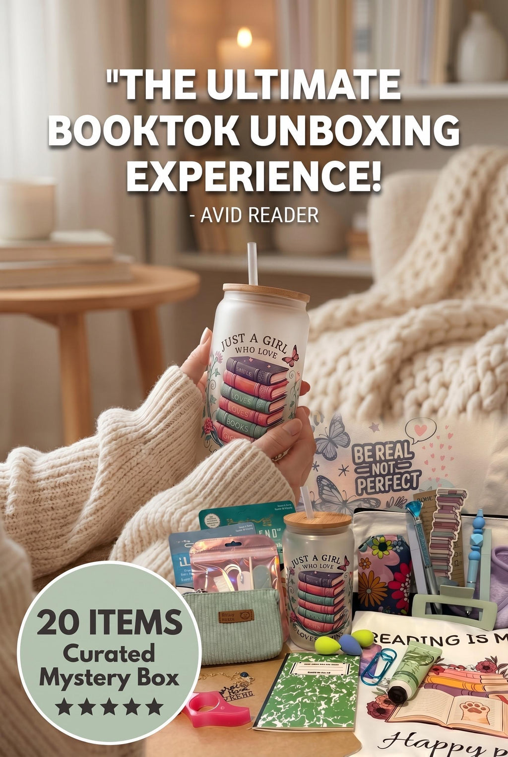 Book Lover Gift Box | Reading Gift Set with Custom Tumbler, Book Sleeve & 18-20 Bookish Accessories